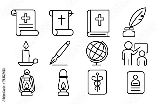 Medical Knowledge Icons. Line style icons of Medical Knowledge Transmission: Manuscript, Scroll, Book, Quill; Inkpot, Candle, Pen,