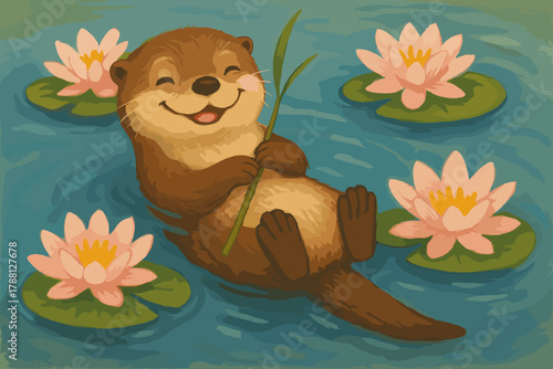 Playful Otter Delight. Smiling otter floating on water, holding a reed like a toy, surrounded by lily flowers