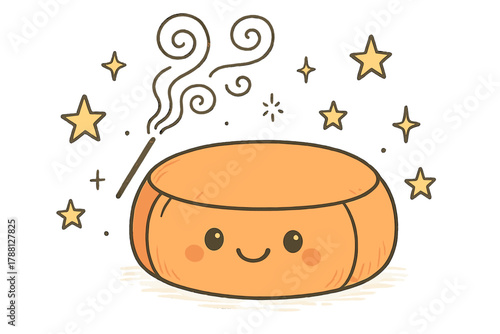 Happy Meditation Cushion. Friendly meditation cushion with a happy face, surrounded by doodle incense smoke and stars