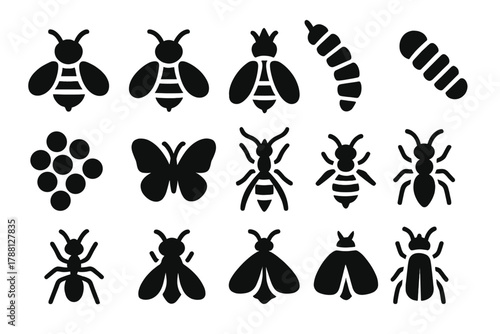 Solid Insect Icons. Solid style icons of Bees and Insects: Bee, Drone, Queen, Larva, Pollen, Butterfly, Wasp, Honeybee, Ant, Fly,