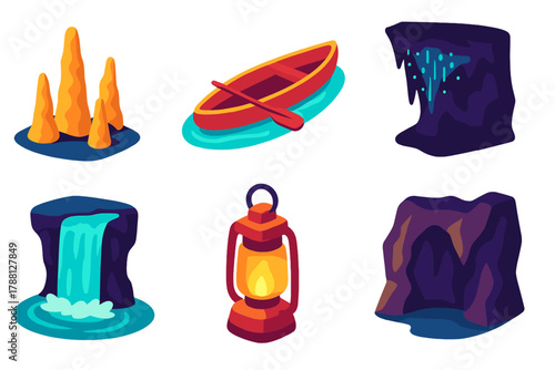 Underground River Wonders. Isometric vector illustration set Subterranean River: Stalagmites, Canoe, Glowworms Cluster,