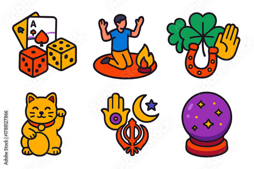 Symbols of Luck. Isometric vector illustration set Sociology of luck: gambling superstitions, dice and cards, ritual performance,