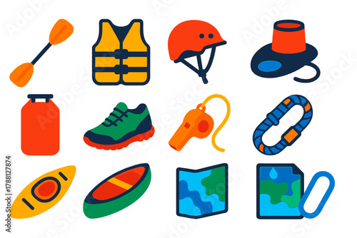 Canoeing Gear Icons. Flat vector icons of Canoeing Gear: paddle, life jacket, helmet, spray skirt, dry bag, waterproof shoes,