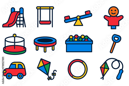 Kids Playtime Icons. Flat vector icons of Kids Entertainment: slide, swing, seesaw, sandbox, merry-go-round, trampoline, ball pit,