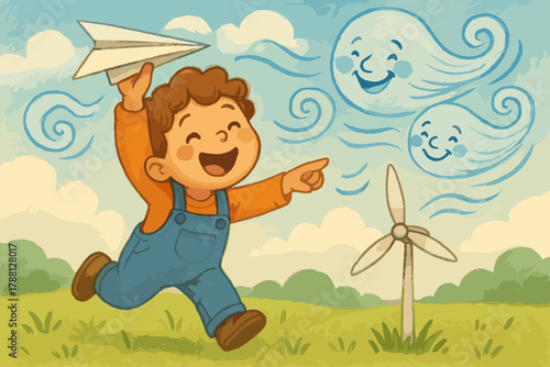 Child's Paper Plane Adventure. Adorable child flying a paper plane powered by smiling wind currents near a tiny turbine