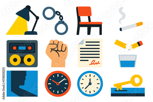 Noir Interrogation Icons. Flat vector icons of Noir Interrogation: bright lamp, handcuff, chair silhouette, cigarette smoke, taped