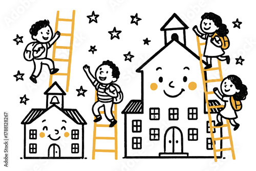 Whimsical Education Scene. Whimsical doodle education scene with smiling school buildings, cheerful students climbing cartoon