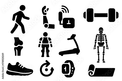 Human Movement Icons. Solid style icons of Human Movement Studies: walking figure, prosthetic arm, motion sensor, dumbbell, joint