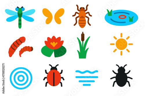 Pond Insect Icons. Flat vector icons of Pond Insects: dragonfly, wings, nymph, pond, larva, water lily, reed, sunlight, ripple,