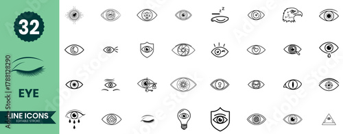 Eye Line Icons Set 32 Vision, Optometry, Eye Care, Medical, Security & Awareness Symbols