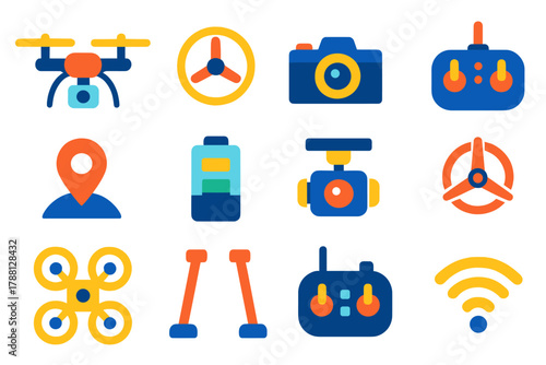 Bright Drone Icons. Flat vector icons of UAV Technology: drone, propeller, camera, remote, GPS, battery, gimbal, rotor, quadcopter