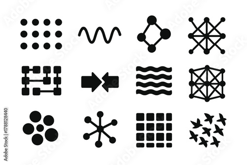 Self-Organization Icons. Solid style icons of self-organization: particles forming order, wave synchronization, connected dots,