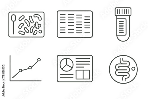Diagnostic Tools Icons. Line style icons of Diagnostic and Monitoring Tools: microbiome test kit, sequencing readout, sample vial