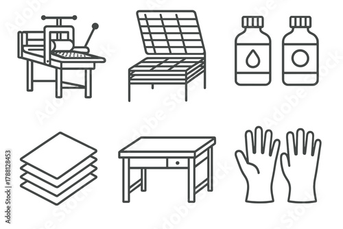 Studio Setup Icons. Line style icons of studio setup: printing press, drying rack, ink bottles, paper stack, workbench, gloves. No