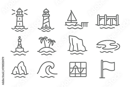 Oceanic Landmark Icons. Line style icons of Oceanic Landmarks: Lighthouse, Beacon, Harbor, Pier; Buoy, Island, Cliff, Sandbar;
