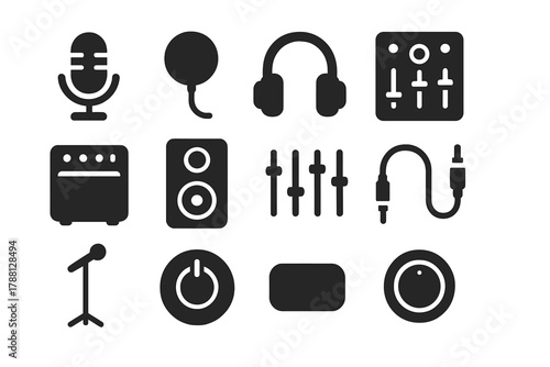 Sound Gear Icons. Solid style icons of Sound Accessories: Microphone, Pop Filter, Headset, Mixer, Amplifier, Speaker, Equalizer,