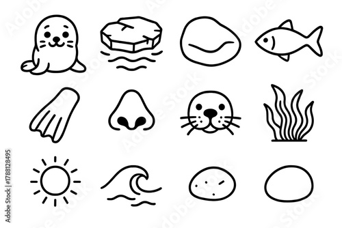 Seal Life Icons. Line style icons of Seal Life: Seal Pup, Ice Floe, Rock, Fish; Flipper, Nose, Whiskers, Tail; Sun, Wave, Seaweed,
