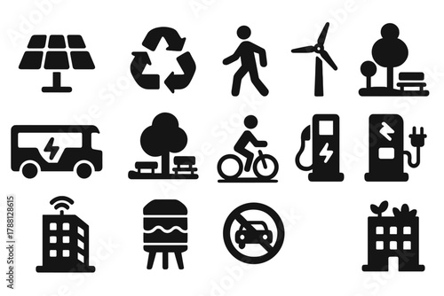 Green Infrastructure Icons. Solid style icons of Green Urban Infrastructure: solar panel, recycling system, pedestrian zone, wind