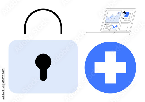 Lock symbolizing data protection, laptop with analytics, cross signaling healthcare. Ideal for themes of cybersecurity, healthcare, analytics, data protection, privacy, technology secure systems