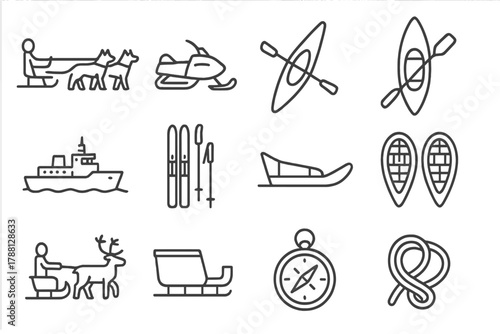 Arctic Transport Icons. Line style icons of Arctic Transport: Dog Sled, Snowmobile, Kayak, Canoe; Icebreaker Ship, Skis, Pulka,