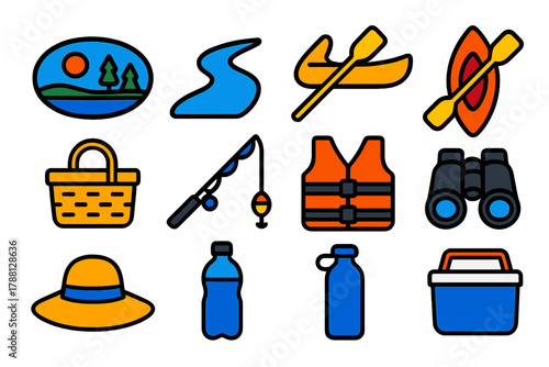 Recreational Canoeing Icons. Flat vector icons of Recreational Canoeing: lake, river, canoe, kayak, paddle, picnic basket, fishing