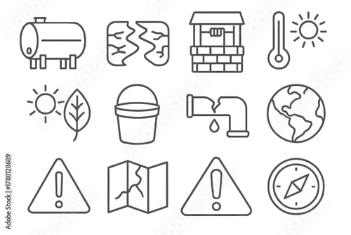 Water Shortage Icons. Line style icons of Water Shortages: Empty Tank, Dry River, Well, Thermometer; Sun, Leaf, Bucket, Pipe;