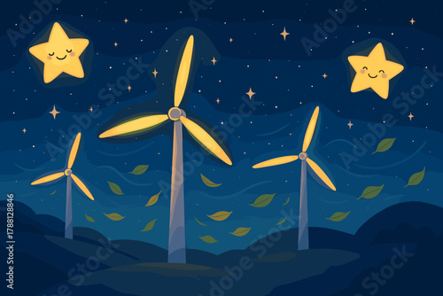 Glowing Turbines at Night. Playful night scene with glowing turbines, stars smiling in the sky, and gentle wind lifting leaves