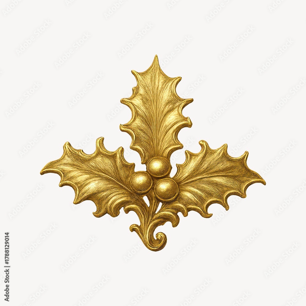Fototapeta premium Golden ornate holly leaf illustration.