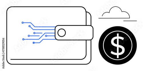 Wallet with electronic circuit design, dollar coin, and minimal cloud. Ideal for finance, cryptocurrency, technology, banking, online money digital payment fintech. Simple flat metaphor