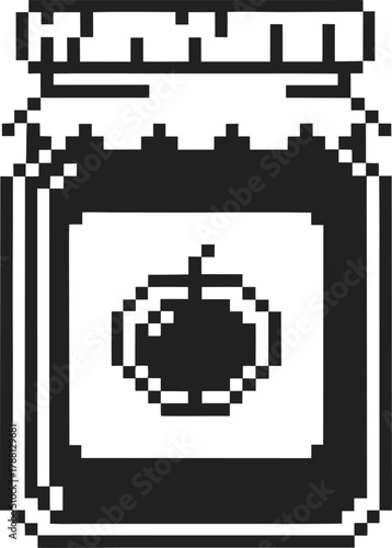 Pixel art jam jar with fruit icon retro black and white glass container, sweet homemade preserve, vintage illustration