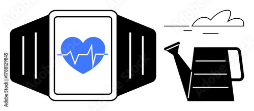 Fitness tracker showing heart rate icon alongside a watering can and a simple cloud. Ideal for wellness, self-care, physical health, gardening, sustainability, technology, mindfulness concepts