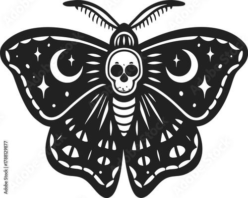 Mystical moth illustration with skull and crescent moons, black and white tattoo style, occult symbolism, night creature