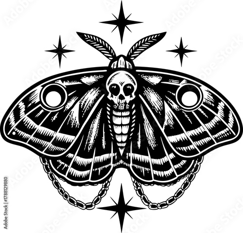 skull moth with decorative wings and chains, surrounded by four stars gothic insect tattoo, black and white illustration