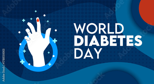 World Diabetes Day. Background design with illustration of blood dripping on hand of checking blood sugar
