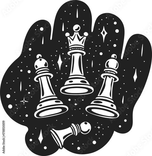 chess kings and queen floating in cosmic space with fallen pawn, black starry background, abstract strategy concept