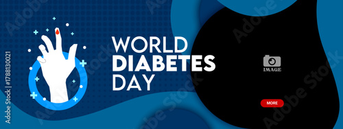 World Diabetes Day. Horizontal banner design with an illustration of blood dripping on a hand for campaign with public education advertising