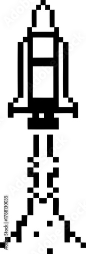 Pixel art rocket launching upward, simple black and white spaceship with flame trail, retro digital illustration