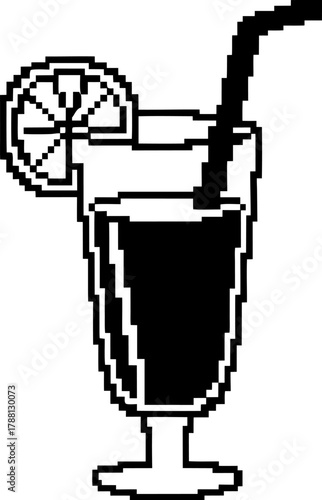 Pixel art lemonade glass with straw and lemon slice retro black and white drink icon, summer refreshment illustration