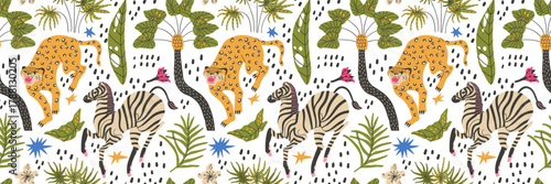 Seamless tropical textile with leopard zebra and exotic palm pattern.