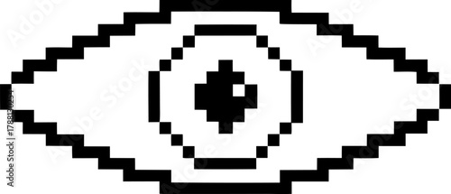 Pixelated eye symbol, black and white minimal graphic digital vision icon, retro art, low resolution illustration