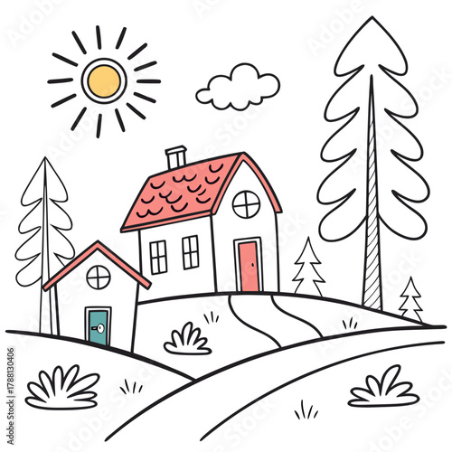 Charming hand drawn illustration of a sunny day with two houses nestled on rolling hills surrounded by trees and a fluffy cloud in the sky