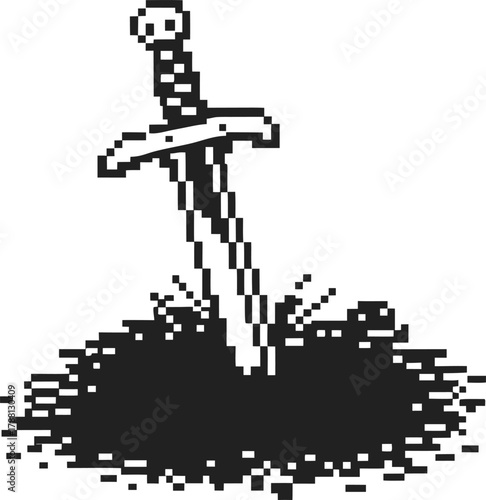 Pixel art sword stuck in ground, retro black and white icon medieval weapon symbol, 8 bit videogame design concept