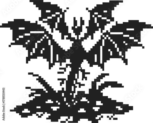 Pixel art black dragon with spread wings standing on rocky ground retro fantasy creature, minimal 8 bit video game