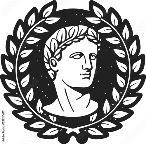 Classic roman emperor bust inside laurel wreath ancient leader profile, marble sculpture illustration, historical icon symbolism
