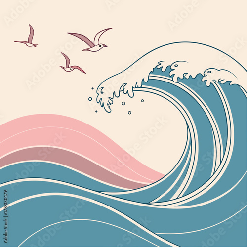 Stylized illustration of a large crashing ocean wave with pink layered waves in the background and three birds flying gracefully in the sky above