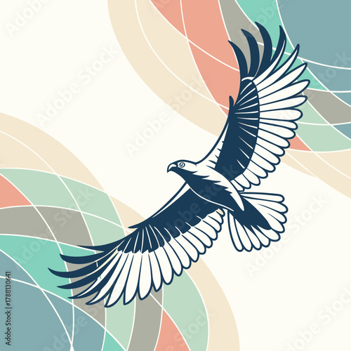 A majestic dark blue eagle soars gracefully with outstretched wings against a soft pastel abstract background of curved geometric shapes and lines