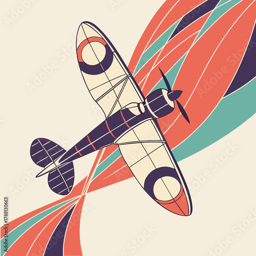 A vintage airplane with a distinctive propeller and tail design soars through abstract colorful wavy lines representing speed and motion
