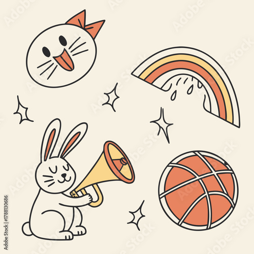Whimsical doodle collection featuring a cute cat face with a bow a rabbit holding a megaphone a rainbow with raindrops and a basketball surrounded by sparkles on a cream background