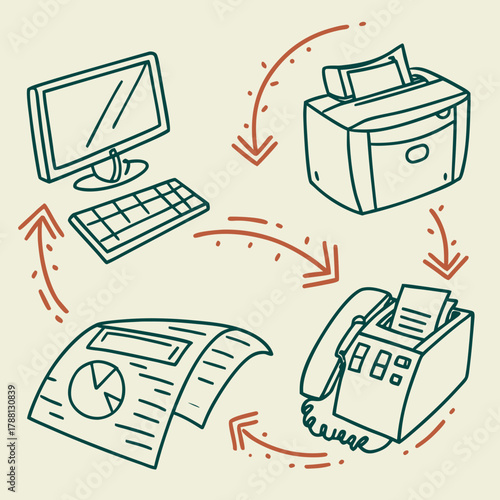 A hand drawn illustration showing a workflow or process connecting a computer printer fax machine and documents with arrows indicating movement and data flow in a simple graphic style