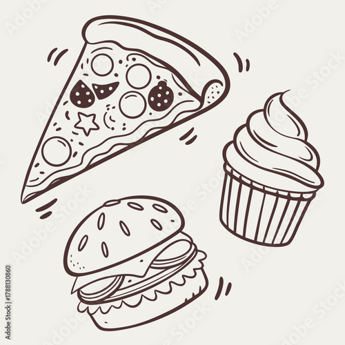 A whimsical hand drawn doodle illustration featuring a slice of pepperoni pizza a classic cheeseburger and a frosted cupcake arranged playfully on a light background
